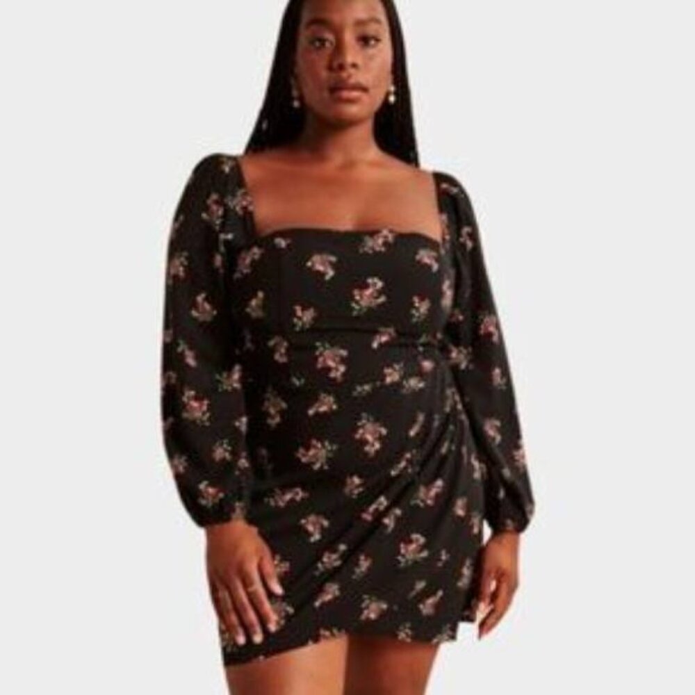 Abercrombie & Fitch Black Floral Long Sleeve Draped Mini Dress